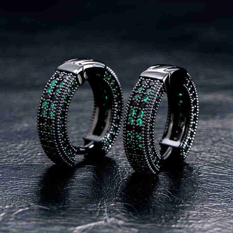 Emerald & Black Stones Hoop Earring In Black Gold