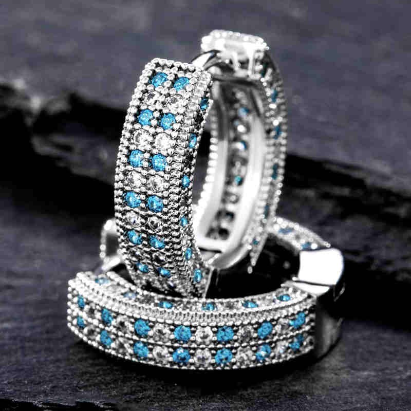 Blue&White Iced Hoop Earring In White Gold