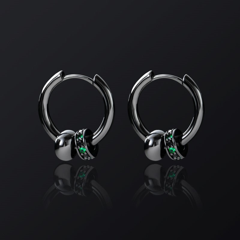 Black Punk Ball & Emerald Scattered Circle Hoop Earring