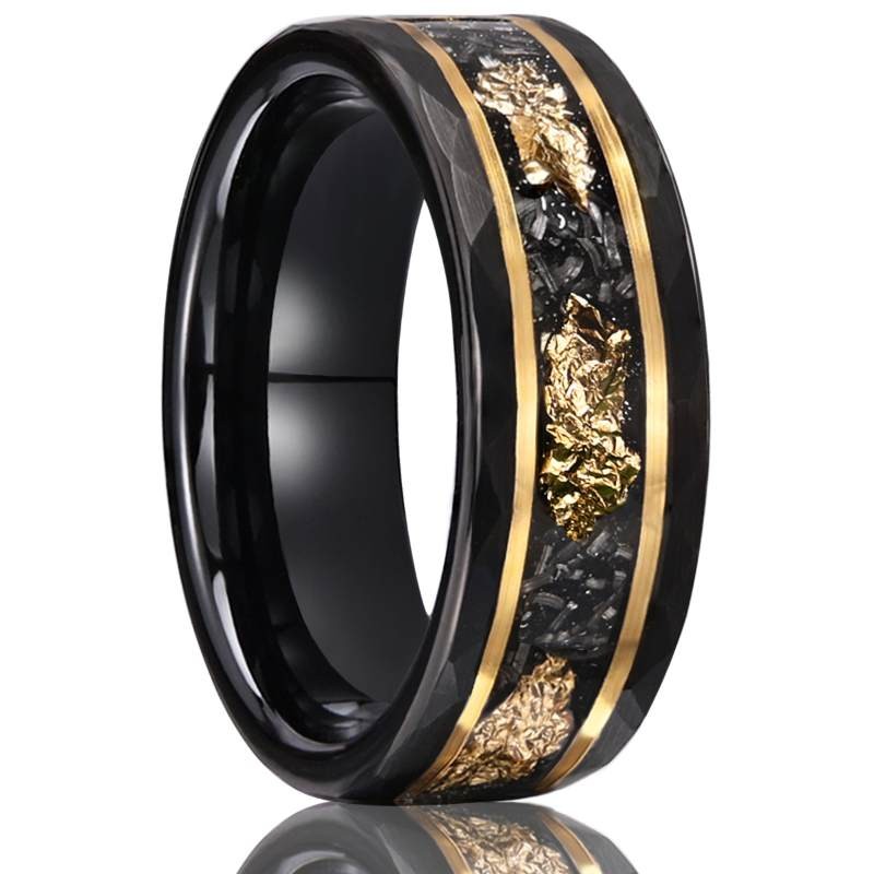 8mm Black Tungsten 18K Gold Flat Hammer Men's Ring