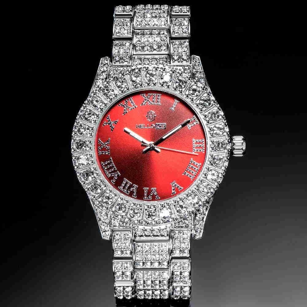 Roman Numerals Red Dial Men's Watch in White Gold