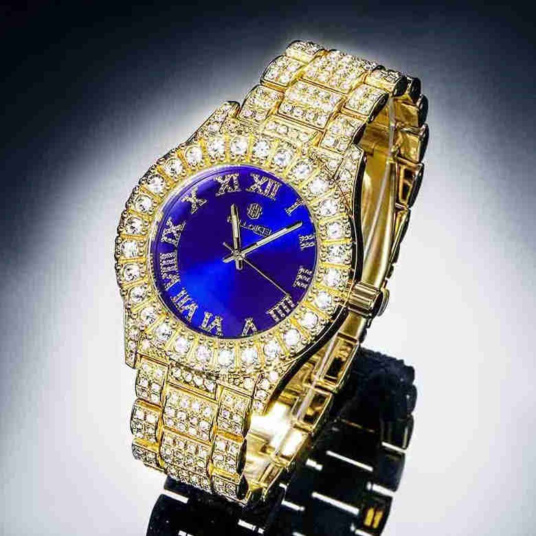 Iced Roman Numerals Blue Dial Men's Watch in Gold